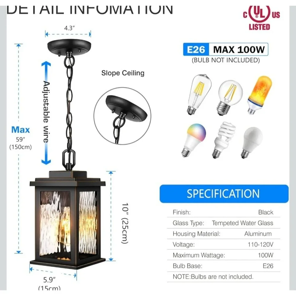Vianis Outdoor Hanging Lantern Black Gold Trim Water Ripple‎ Glass Pendant Light